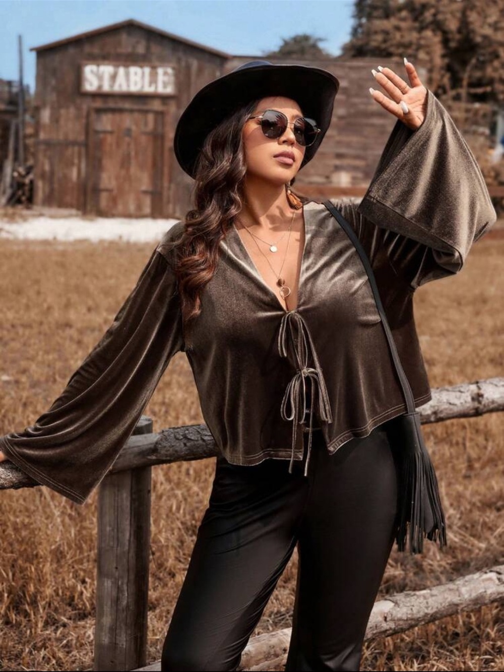 SHEIN Deep Olive Velvet Bell Sleeve V Neck Tie-Front Top Size 12
